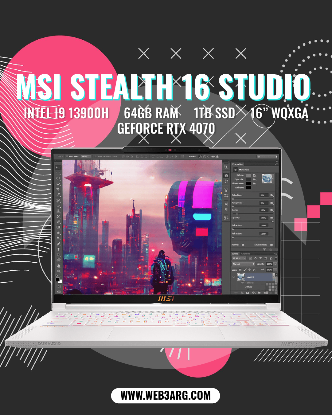 MSI STEALTH 16 STUDIO A13VG-420 GAMING CORE I9-13900H 1TB SSD 64GB NVIDIA RTX 4070 16" WQXGA (2560x1600) 240HZ WIN11 PRO