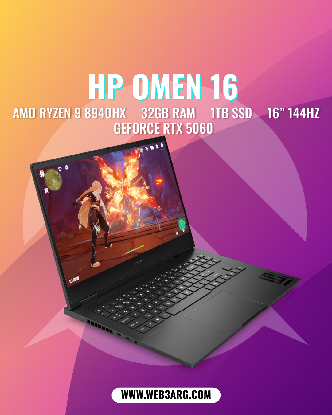 HP OMEN 16-AP0053 GAMING AMD RYZEN 9 8940HX 1TB SSD 32GB 16" (1920x1200) 144HZ WIN11 NVIDIA RTX 5060
