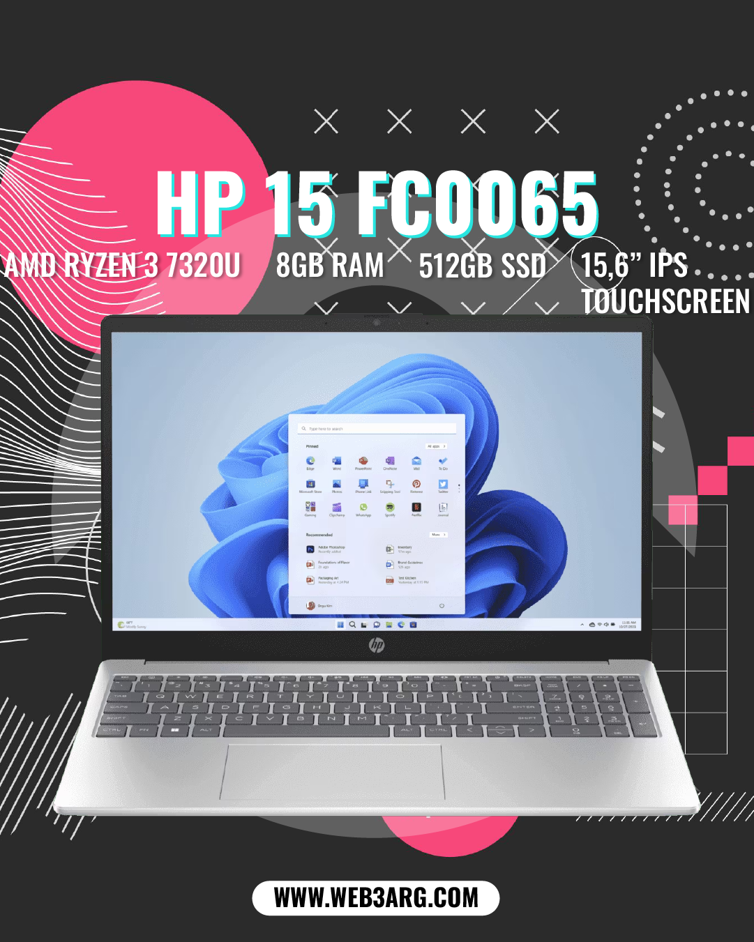 HP 15-FC0065 RYZEN 3 7320U 512GB SSD 8GB 15.6" (1920x1080) TOUCHSCREEN