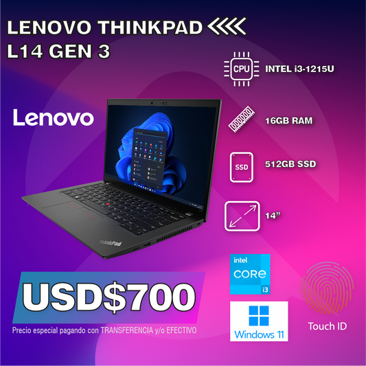 LENOVO THINKPAD L14 GEN 3 INTEL CORE I3 1215U SSD 512GB RAM 16GB - Premium Notebook de Lenovo - Solo $1137500! Compra ahora Web3Arg