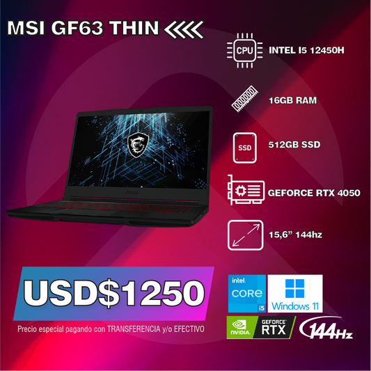 MSI GF63 THIN INTEL I5 12450H 512GB SSD RTX 4050 - Premium Notebook de MSI - Solo $1860000! Compra ahora Web3Arg
