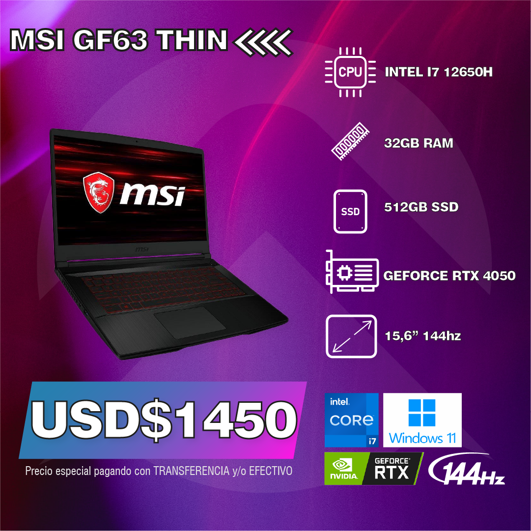 MSI GF63 THIN INTEL I7 12650H 512GB SSD RTX 4050 RAM 32GB SSD 512GB - Premium Notebook de MSI - Solo $2356250! Compra ahora Web3Arg