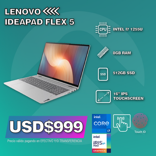 LENOVO IDEAPAD FLEX 5 INTEL CORE 17 1255U SSD 512GB RAM 8GB 16" Panel IPS TOUCHSCREEN - Premium Notebook de Lenovo - Solo $1400000! Compra ahora Web3Arg